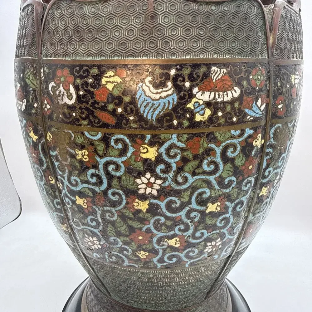 17.5” Antique Japanese Bronze Champleve Cloisonné Enamel Vase Dragon Handles ⬇️